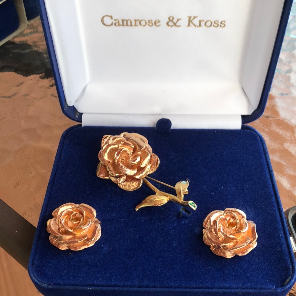Jackie Kennedy rose gold rose pin and earring NIB